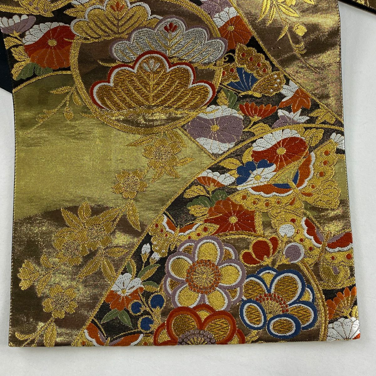 袋帶 秀品級 落款あり 松樹竹子梅花 蝶 金銀彩 金金箔 金色 六通 純蠶絲