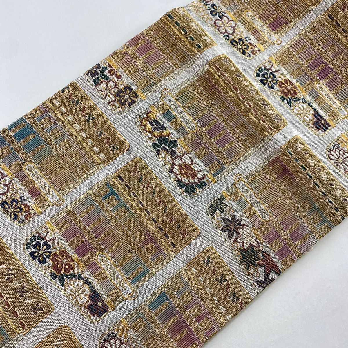 【庫存清倉】 袋帶 名品級 牡丹 櫻花 金絲 銀絲 灰色 六通 純蠶絲