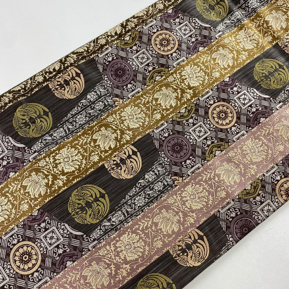 【庫存清倉】 【美品】 袋帶 名品級 向鳥 華紋 灰 深藍 六通 純蠶絲