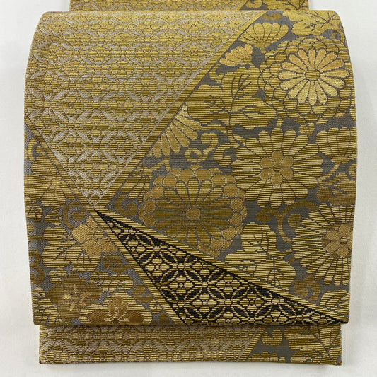 【庫存清倉】 【美品】 袋帶 名品級 菊花唐草紋 七寶 金絲 金金箔 灰色 六通 純蠶絲