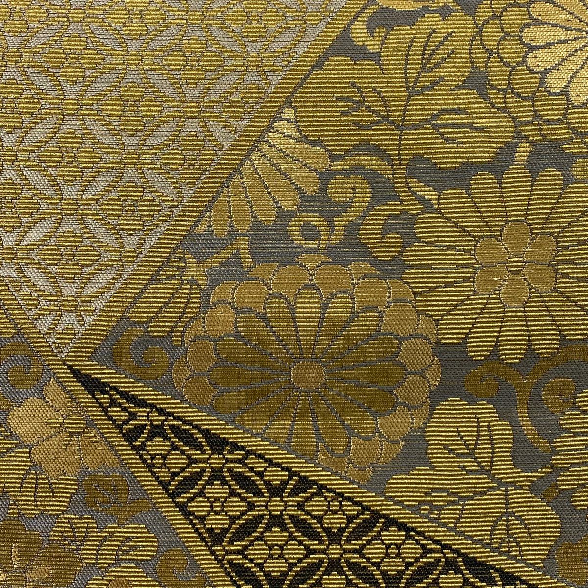 【庫存清倉】 【美品】 袋帶 名品級 菊花唐草紋 七寶 金絲 金金箔 灰色 六通 純蠶絲