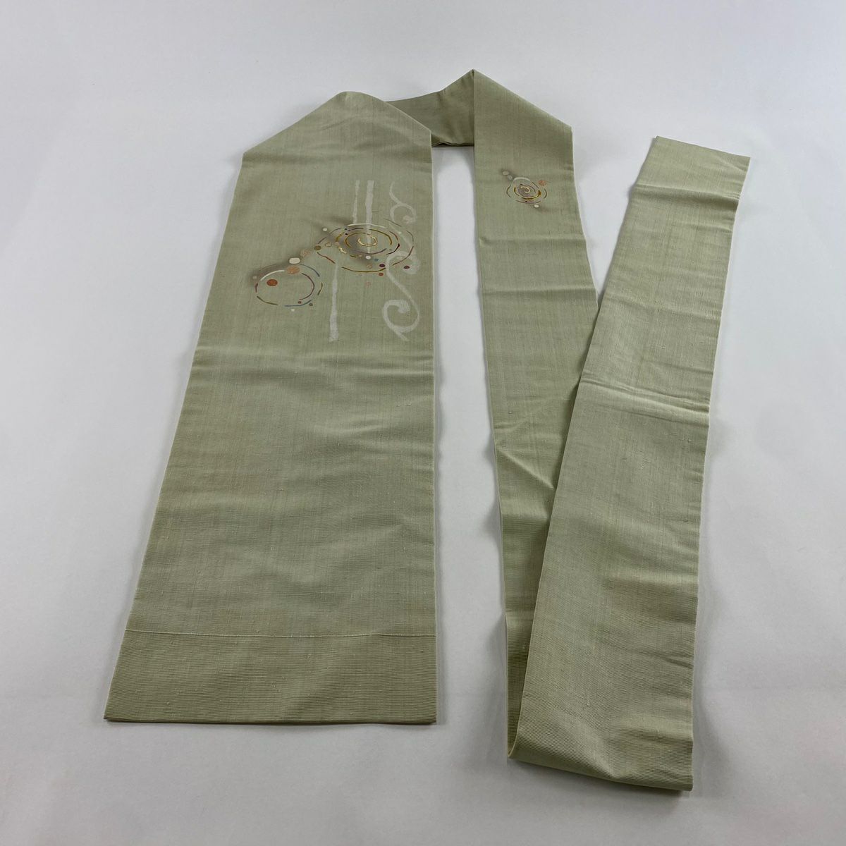 【庫存清倉】 名古屋帶 名品級 渦卷 幾何圖案 金絲 銀銀彩 灰綠 純蠶絲