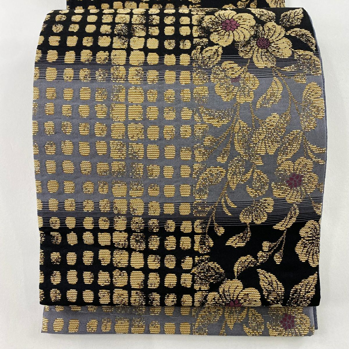 【庫存清倉】 【美品】 袋帶 名品級 草花紋幾何圖案 金金箔 黑 六通 純蠶絲