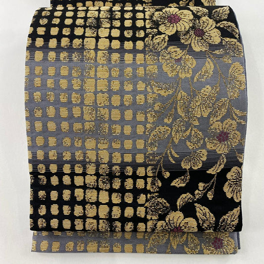 【庫存清倉】 【美品】 袋帶 名品級 草花紋幾何圖案 金金箔 黑 六通 純蠶絲
