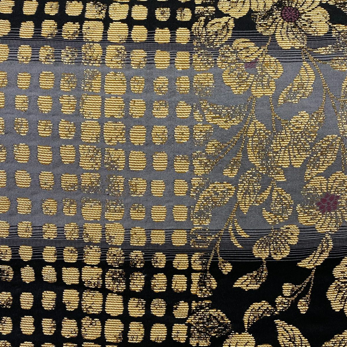 【庫存清倉】 【美品】 袋帶 名品級 草花紋幾何圖案 金金箔 黑 六通 純蠶絲