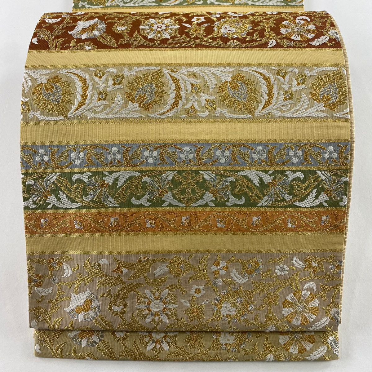 【庫存清倉】 【美品】 袋帶 名品級 草花紋紋 縞紋 金銀彩 唐織 米色 全通 純蠶絲