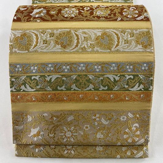 【庫存清倉】 【美品】 袋帶 名品級 草花紋紋 縞紋 金銀彩 唐織 米色 全通 純蠶絲