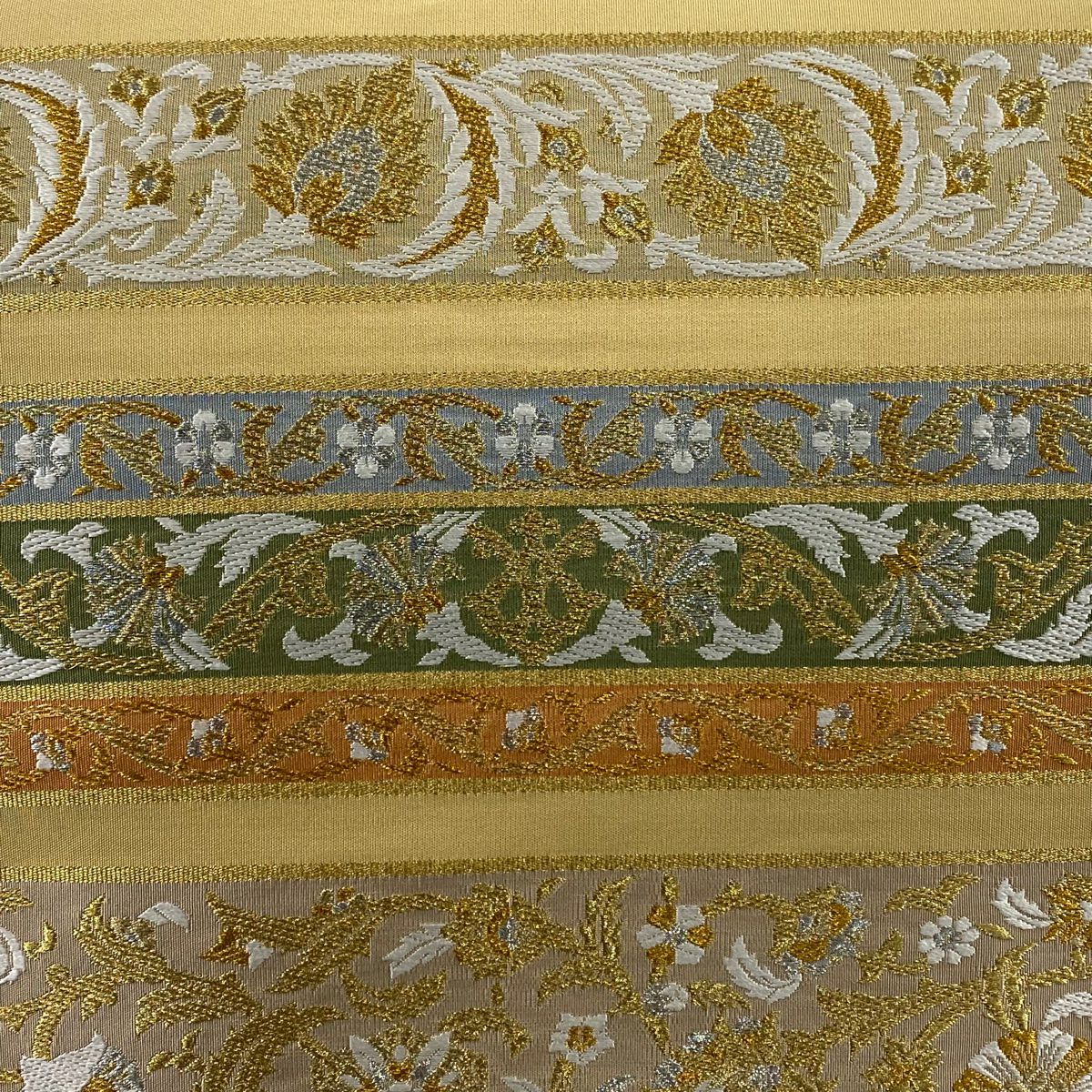 【庫存清倉】 【美品】 袋帶 名品級 草花紋紋 縞紋 金銀彩 唐織 米色 全通 純蠶絲