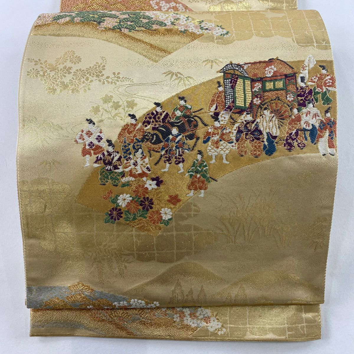 【庫存清倉】 袋帶 名品級 帝王紫 附落款 じゅらく 葵祭圖 人物 唐織 金金箔 金色 六通 純蠶絲