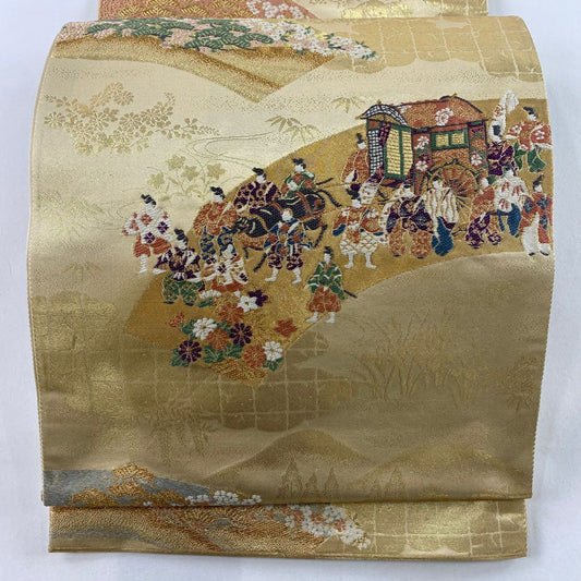【庫存清倉】 袋帶 名品級 帝王紫 附落款 じゅらく 葵祭圖 人物 唐織 金金箔 金色 六通 純蠶絲