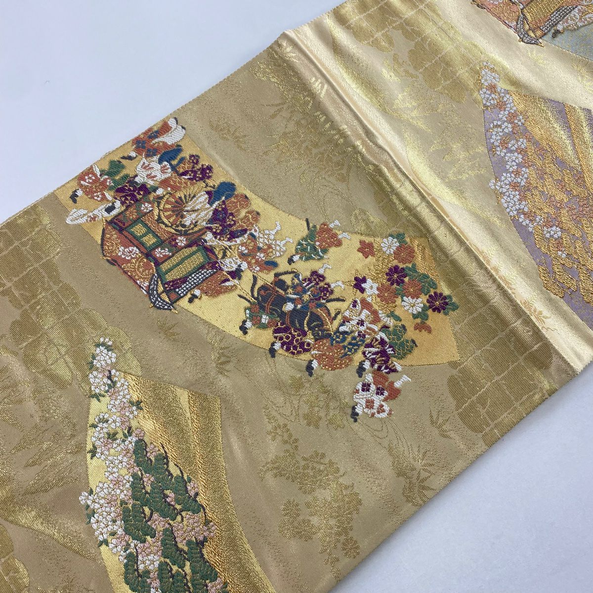 【庫存清倉】 袋帶 名品級 帝王紫 附落款 じゅらく 葵祭圖 人物 唐織 金金箔 金色 六通 純蠶絲