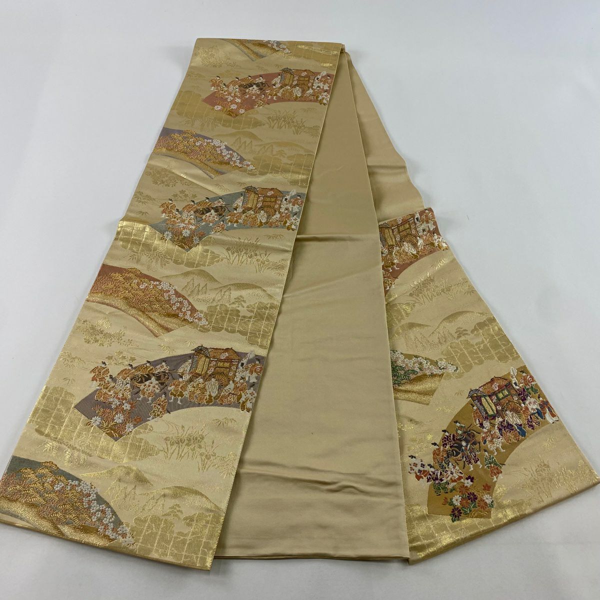 【庫存清倉】 袋帶 名品級 帝王紫 附落款 じゅらく 葵祭圖 人物 唐織 金金箔 金色 六通 純蠶絲
