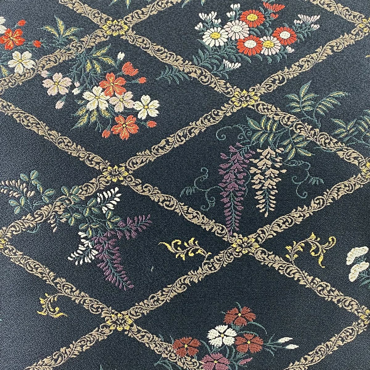 【庫存清倉】 【美品】 袋帶 名品級 菱形 草花紋 金絲 黑灰 六通 純蠶絲