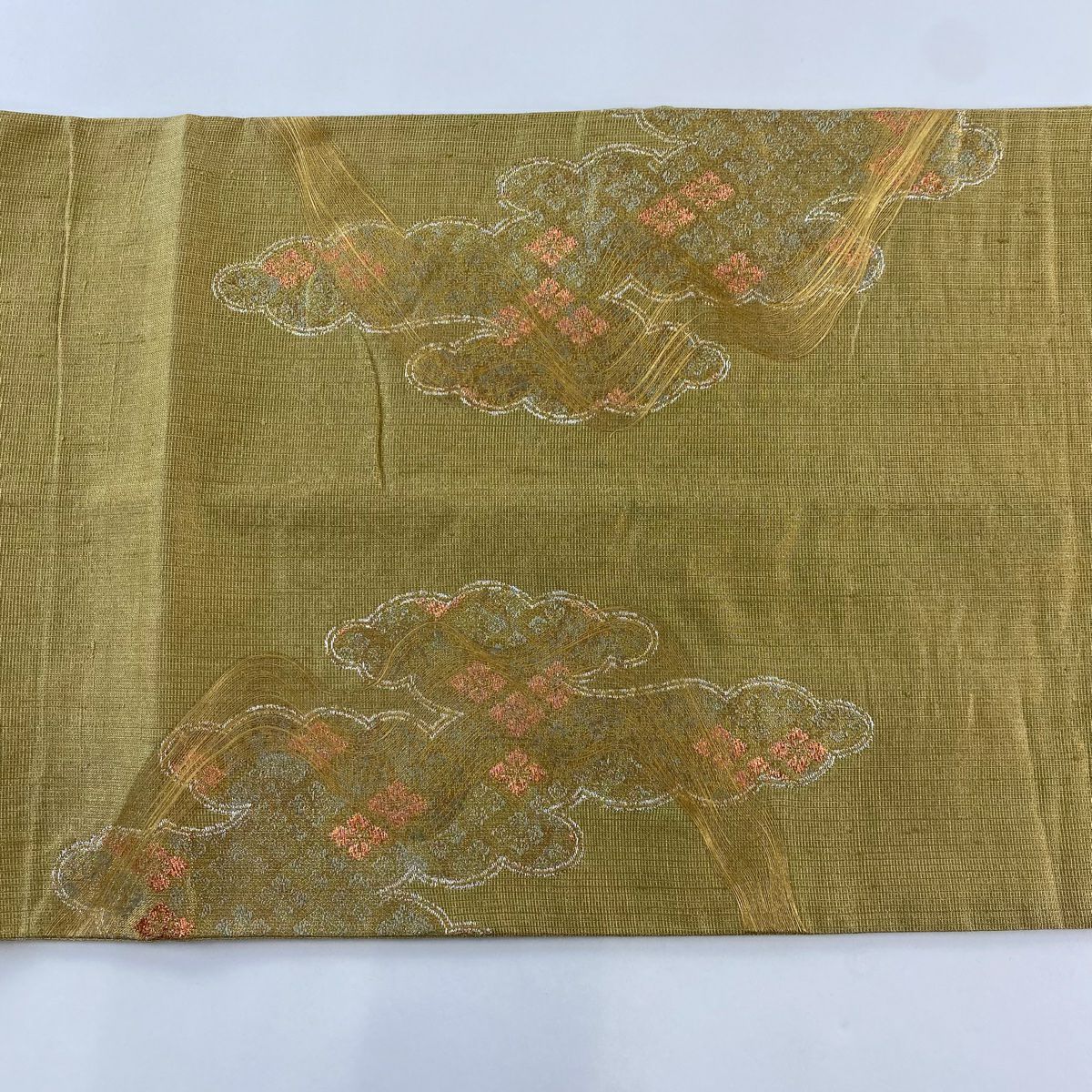 【庫存清倉】 袋帶 名品級 雲紋 花菱 金金箔 金線 黃土色 大鼓圖案 純蠶絲