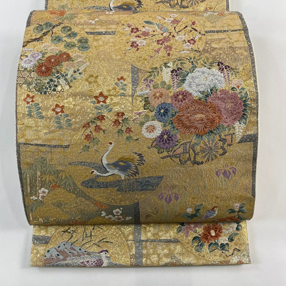 【庫存清倉】 【美品】 袋帶 名品級 色紙瑞祥丸紋 花車 金金箔 金色 六通 純蠶絲