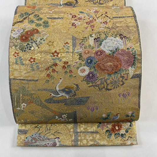 【庫存清倉】 【美品】 袋帶 名品級 色紙瑞祥丸紋 花車 金金箔 金色 六通 純蠶絲