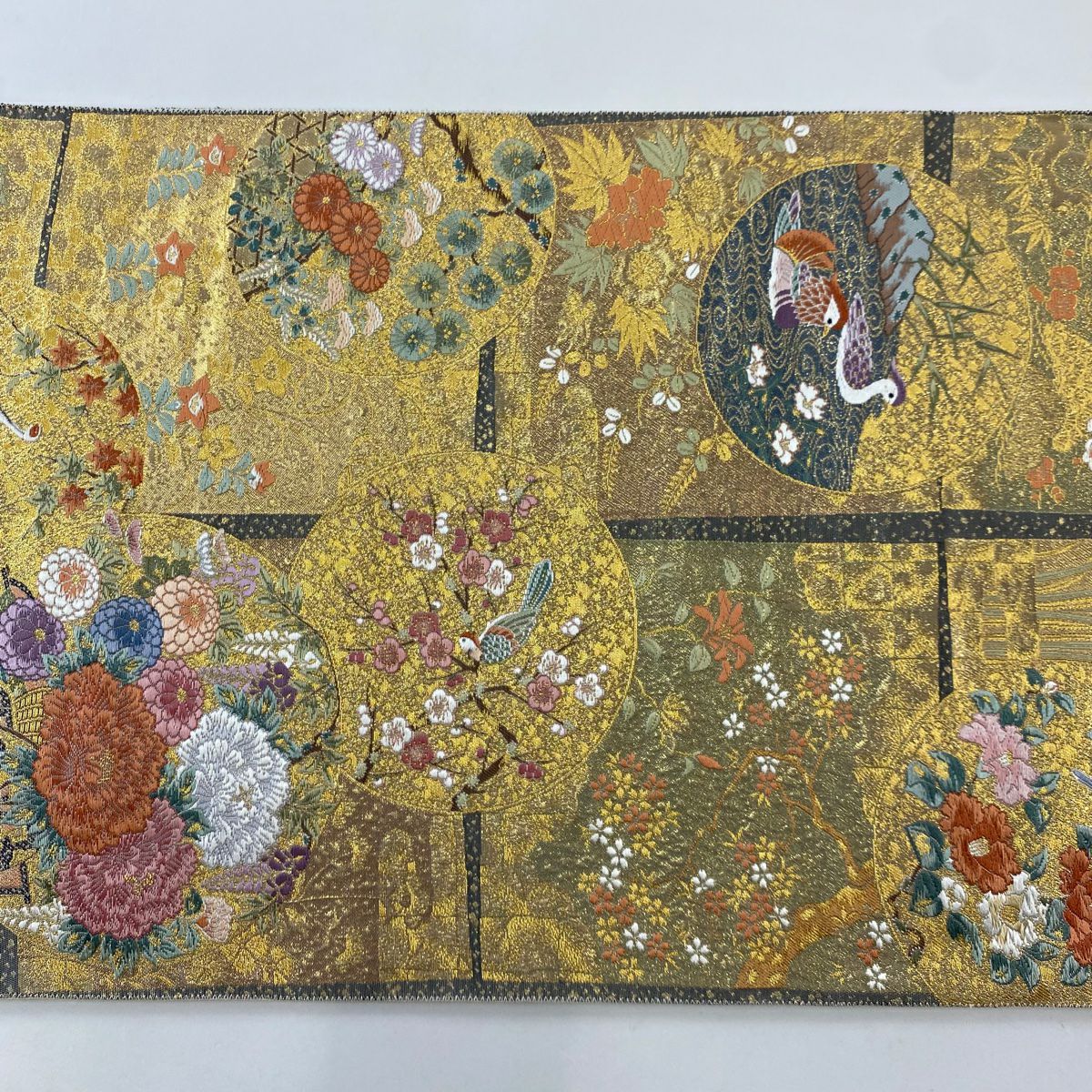 【庫存清倉】 【美品】 袋帶 名品級 色紙瑞祥丸紋 花車 金金箔 金色 六通 純蠶絲