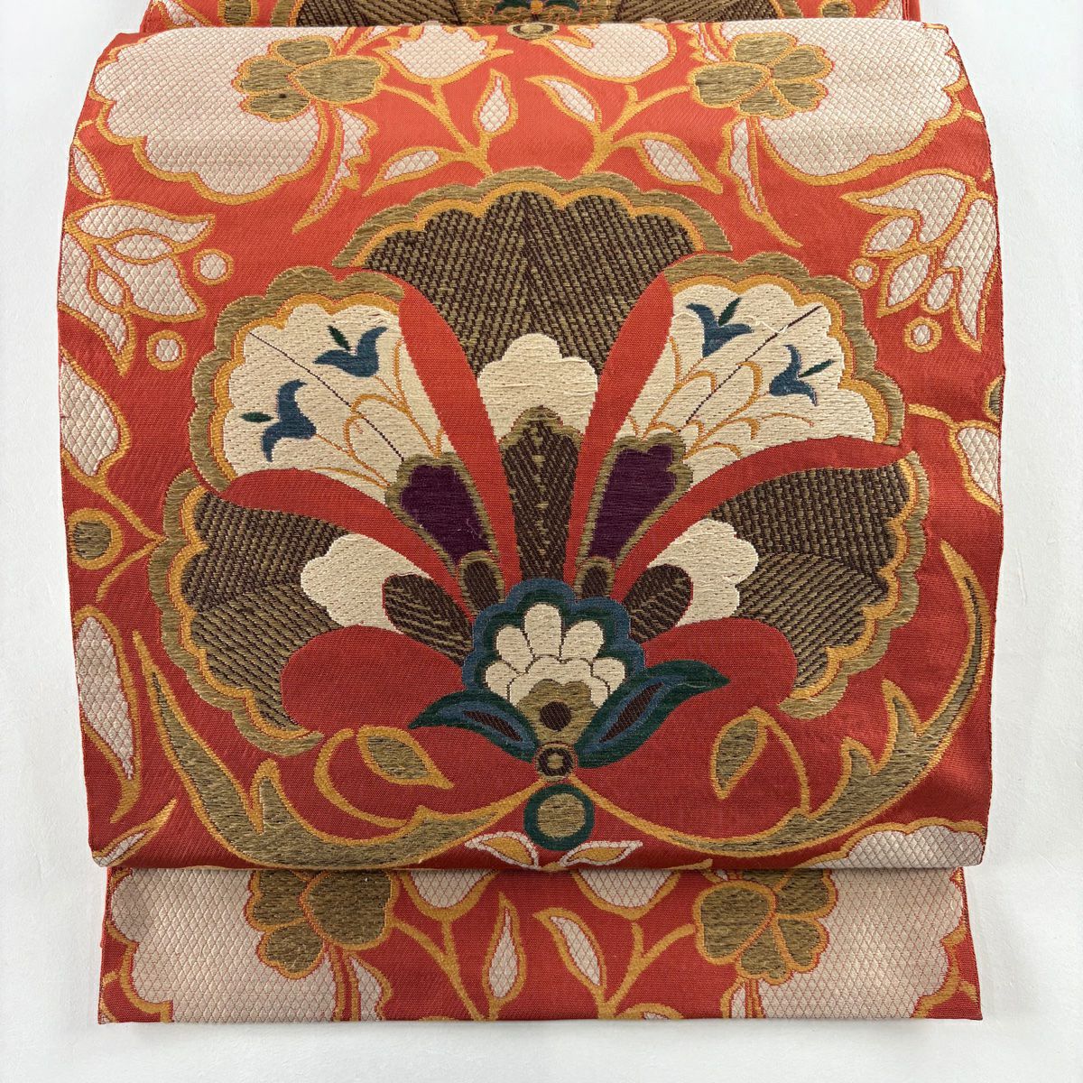 袋帶 逸品級 洛風林 落款 草花紋 金絲 刺繡 朱 全通 純蠶絲