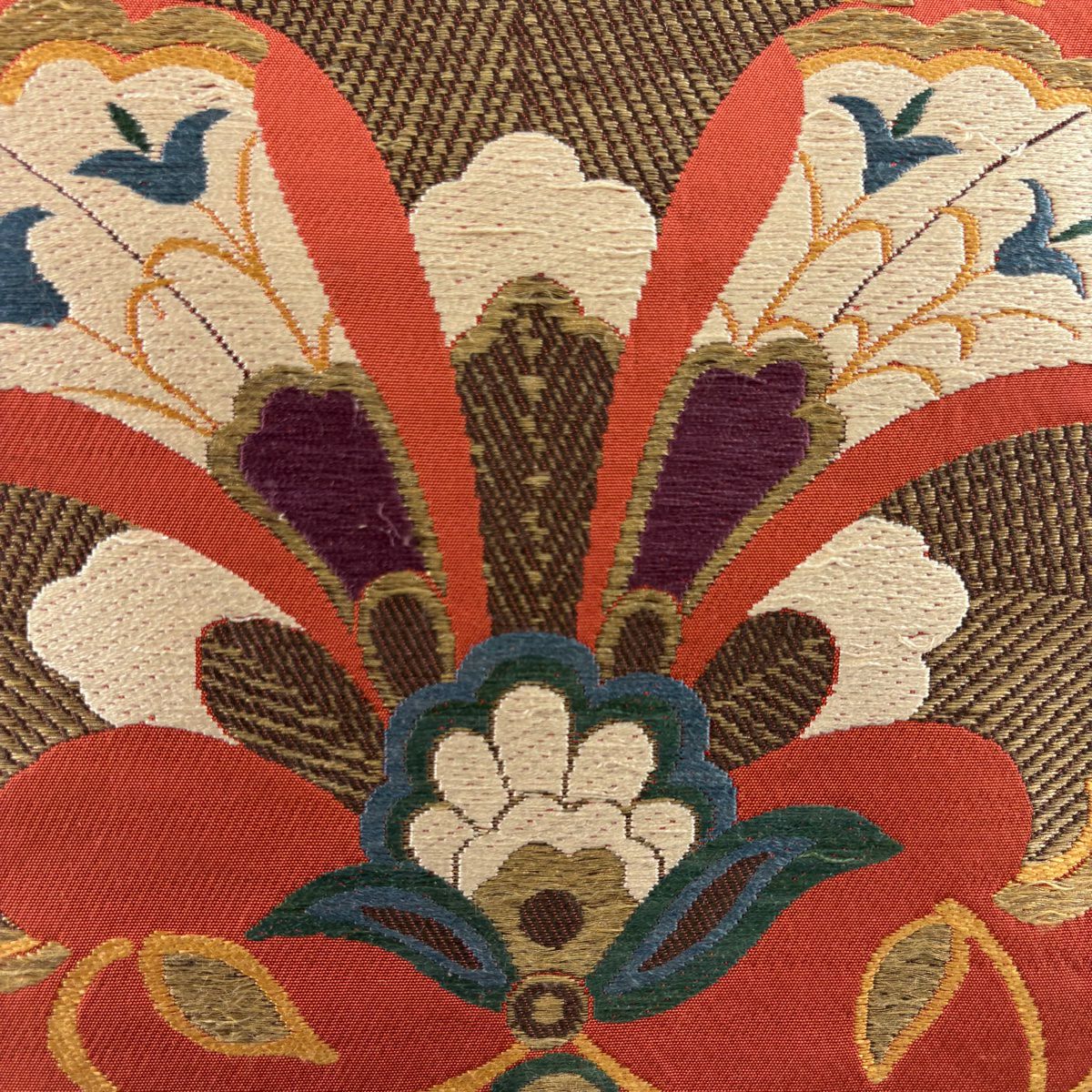 袋帶 逸品級 洛風林 落款 草花紋 金絲 刺繡 朱 全通 純蠶絲