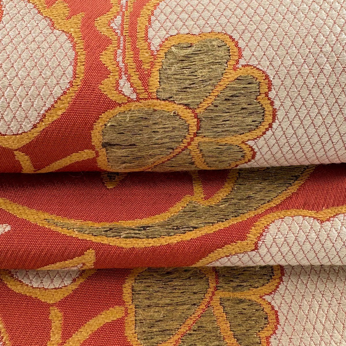 袋帶 逸品級 洛風林 落款 草花紋 金絲 刺繡 朱 全通 純蠶絲