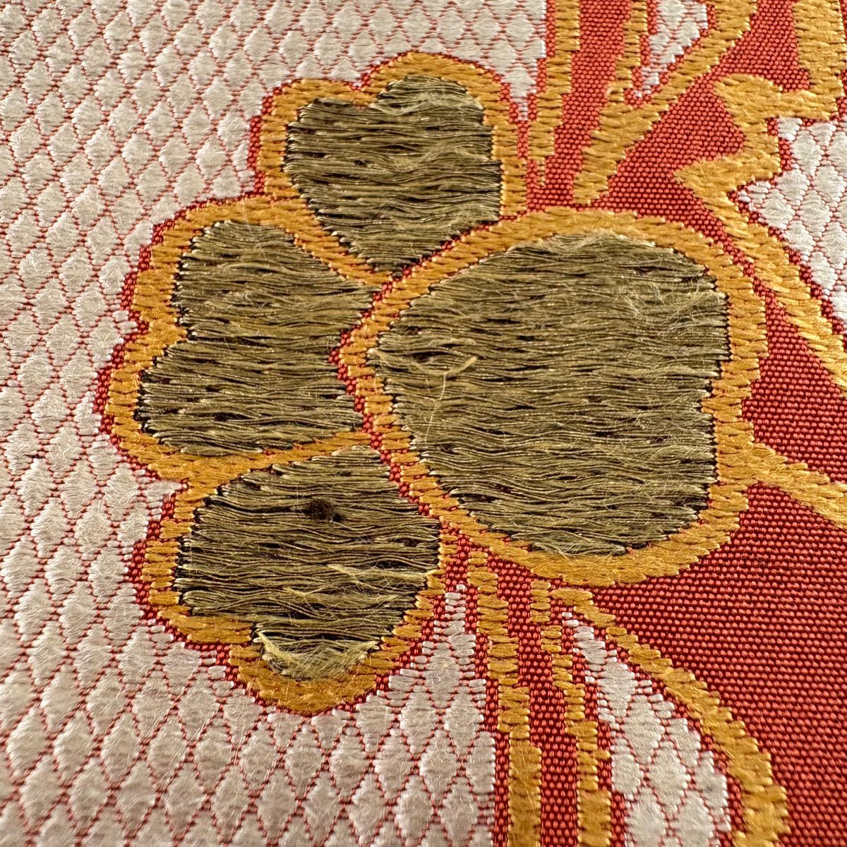 袋帶 逸品級 洛風林 落款 草花紋 金絲 刺繡 朱 全通 純蠶絲