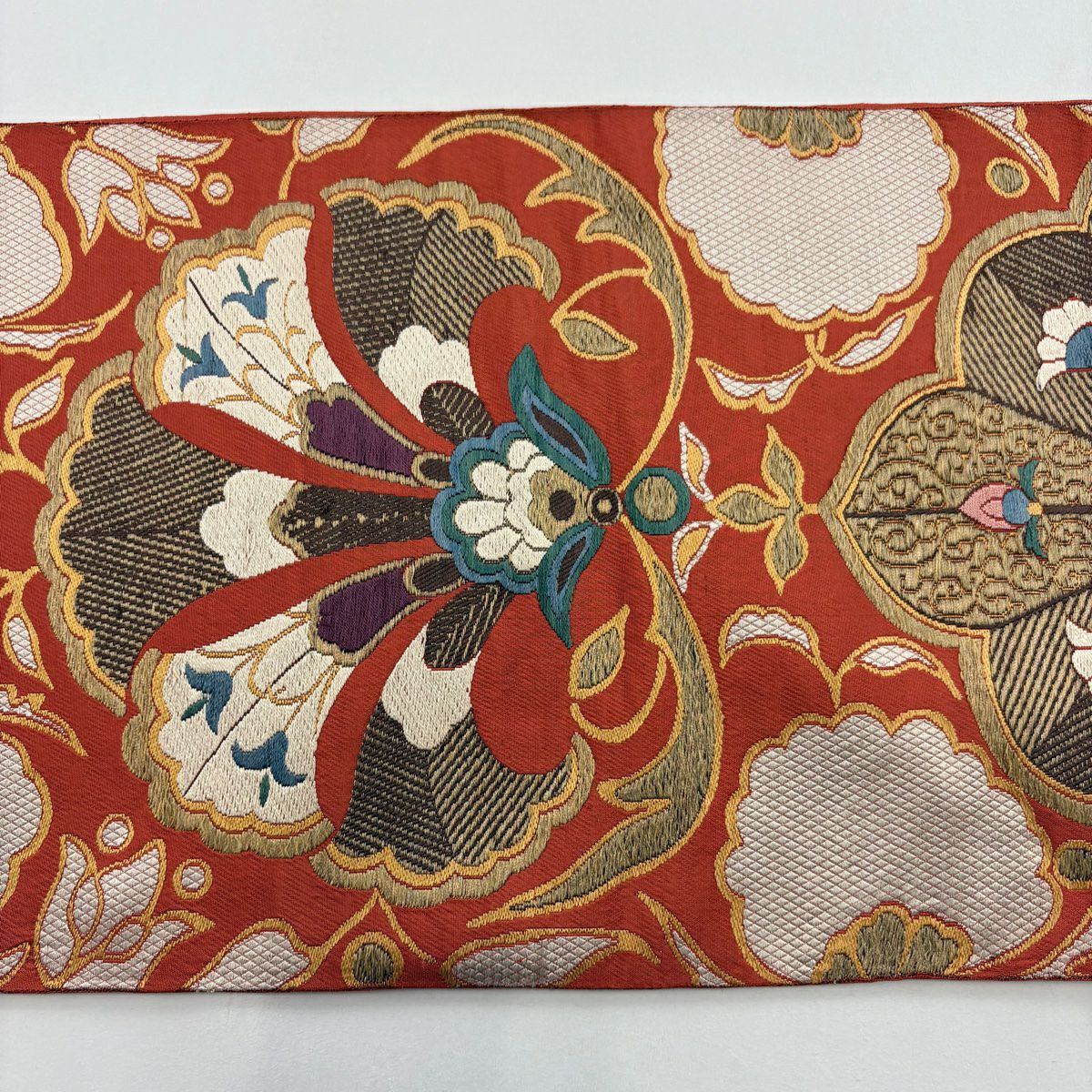 袋帶 逸品級 洛風林 落款 草花紋 金絲 刺繡 朱 全通 純蠶絲