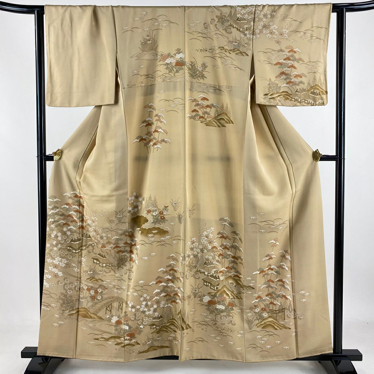 【庫存清倉】訪問服 身長157.5cm 袖長63cm S 單層 建物 松樹竹子梅花 金絲 金銀彩 淺茶 純蠶絲 名品級