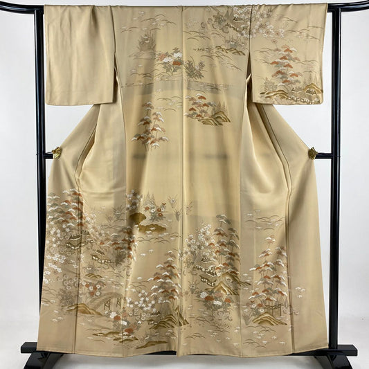 【庫存清倉】訪問服 身長157.5cm 袖長63cm S 單層 建物 松樹竹子梅花 金絲 金銀彩 淺茶 純蠶絲 名品級