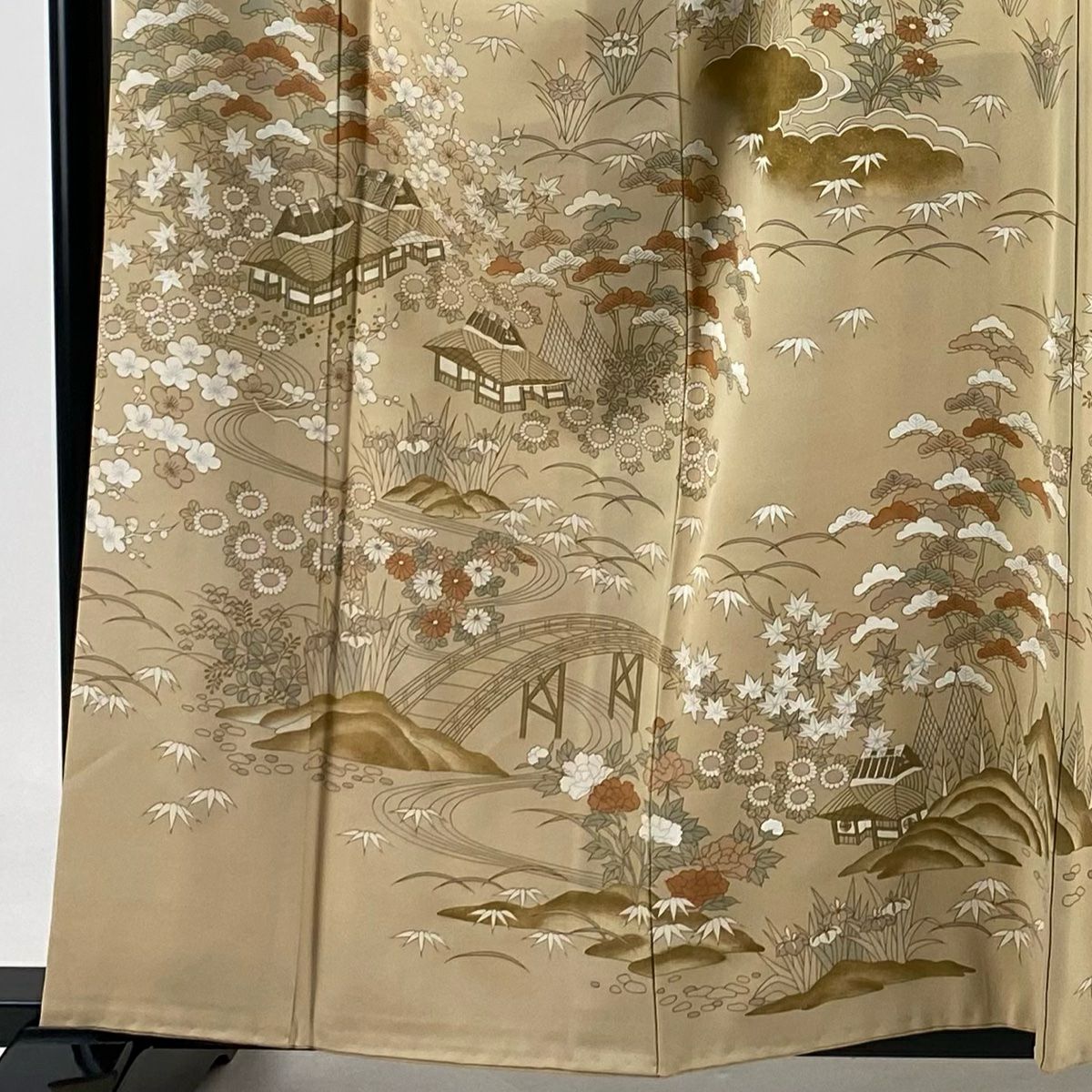 【庫存清倉】訪問服 身長157.5cm 袖長63cm S 單層 建物 松樹竹子梅花 金絲 金銀彩 淺茶 純蠶絲 名品級