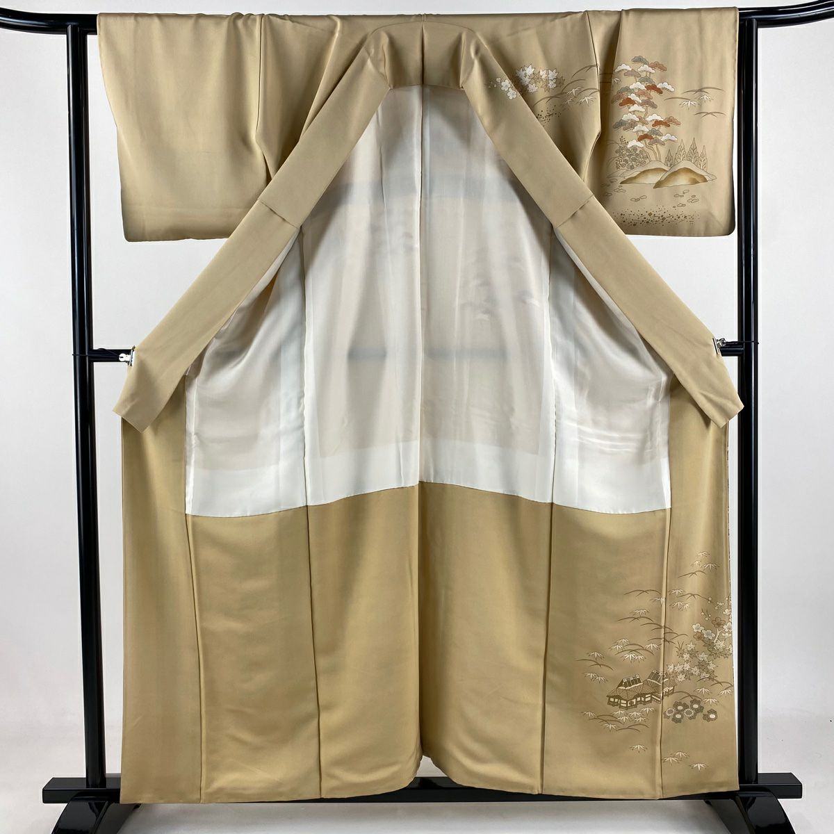 【庫存清倉】訪問服 身長157.5cm 袖長63cm S 單層 建物 松樹竹子梅花 金絲 金銀彩 淺茶 純蠶絲 名品級