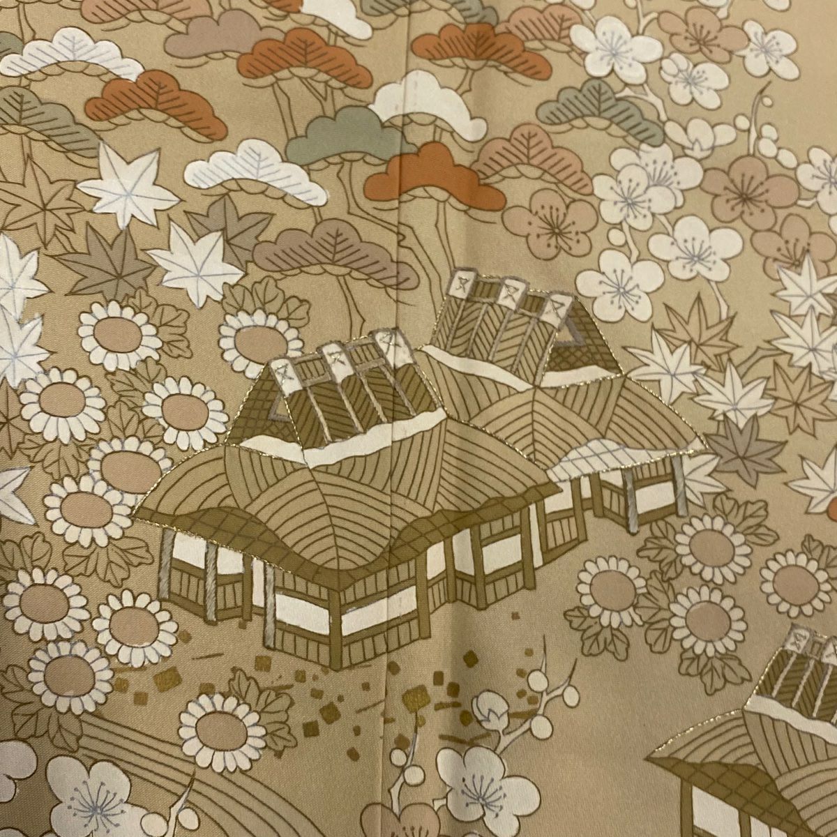 【庫存清倉】訪問服 身長157.5cm 袖長63cm S 單層 建物 松樹竹子梅花 金絲 金銀彩 淺茶 純蠶絲 名品級