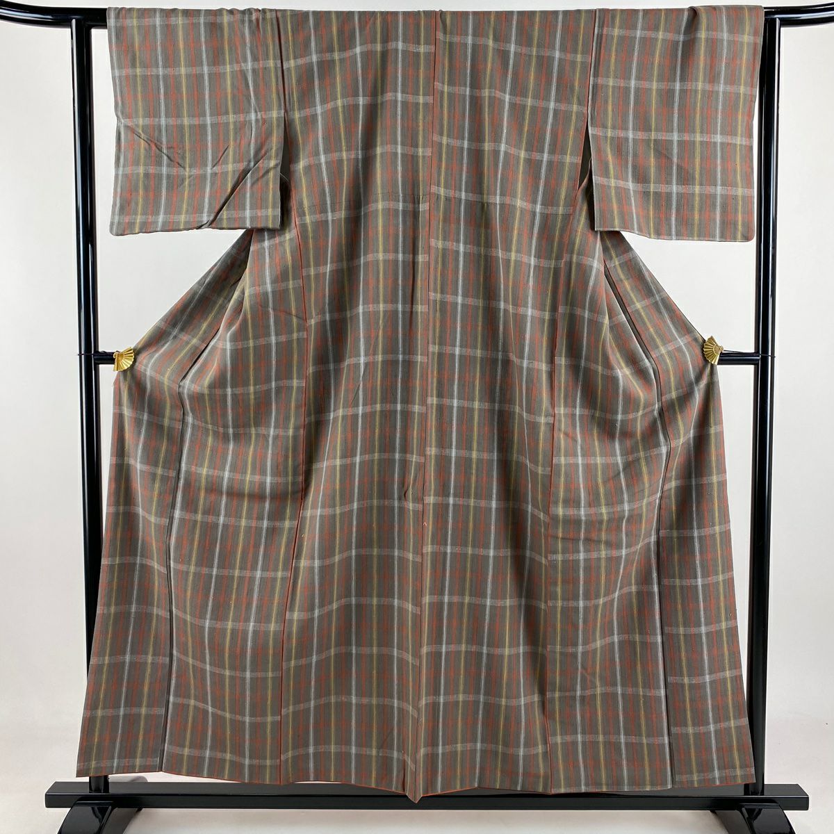 【庫存清倉】 【美品】 紬織 身長155cm 袖長62cm S 雙層 紬織織 格子 灰茶 純蠶絲 名品級