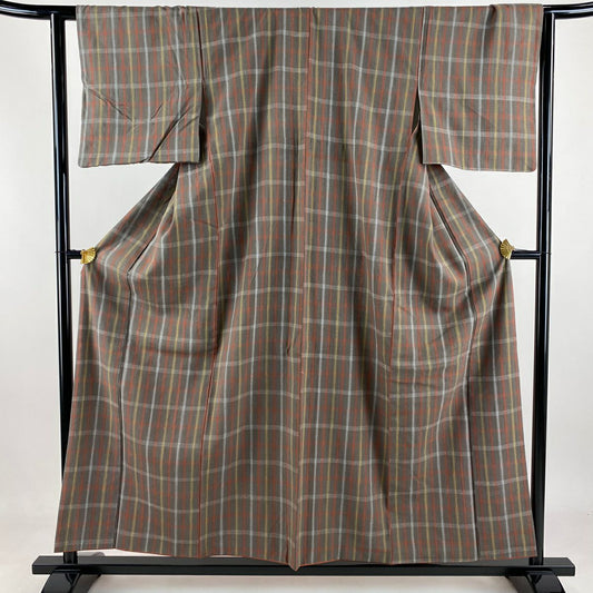 【庫存清倉】 【美品】 紬織 身長155cm 袖長62cm S 雙層 紬織織 格子 灰茶 純蠶絲 名品級