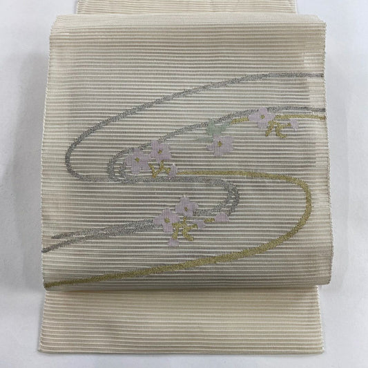 名古屋帶 秀品級 夏帶 絽 八寸名古屋帶 松樹葉仕立 草花紋紋 流水 金銀彩 奶油色 純蠶絲