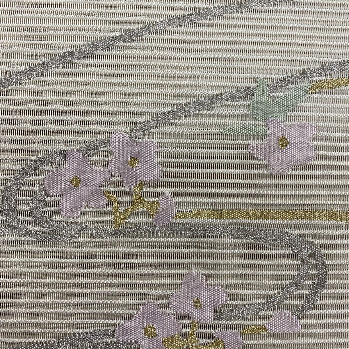 名古屋帶 秀品級 夏帶 絽 八寸名古屋帶 松樹葉仕立 草花紋紋 流水 金銀彩 奶油色 純蠶絲