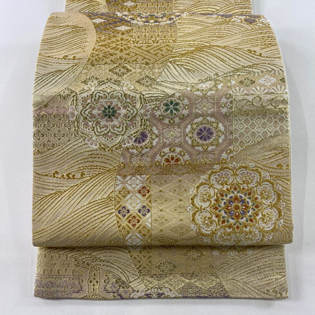 【美品】 袋帶 秀品級 華紋 波 金絲 刺繡 金 六通 純蠶絲