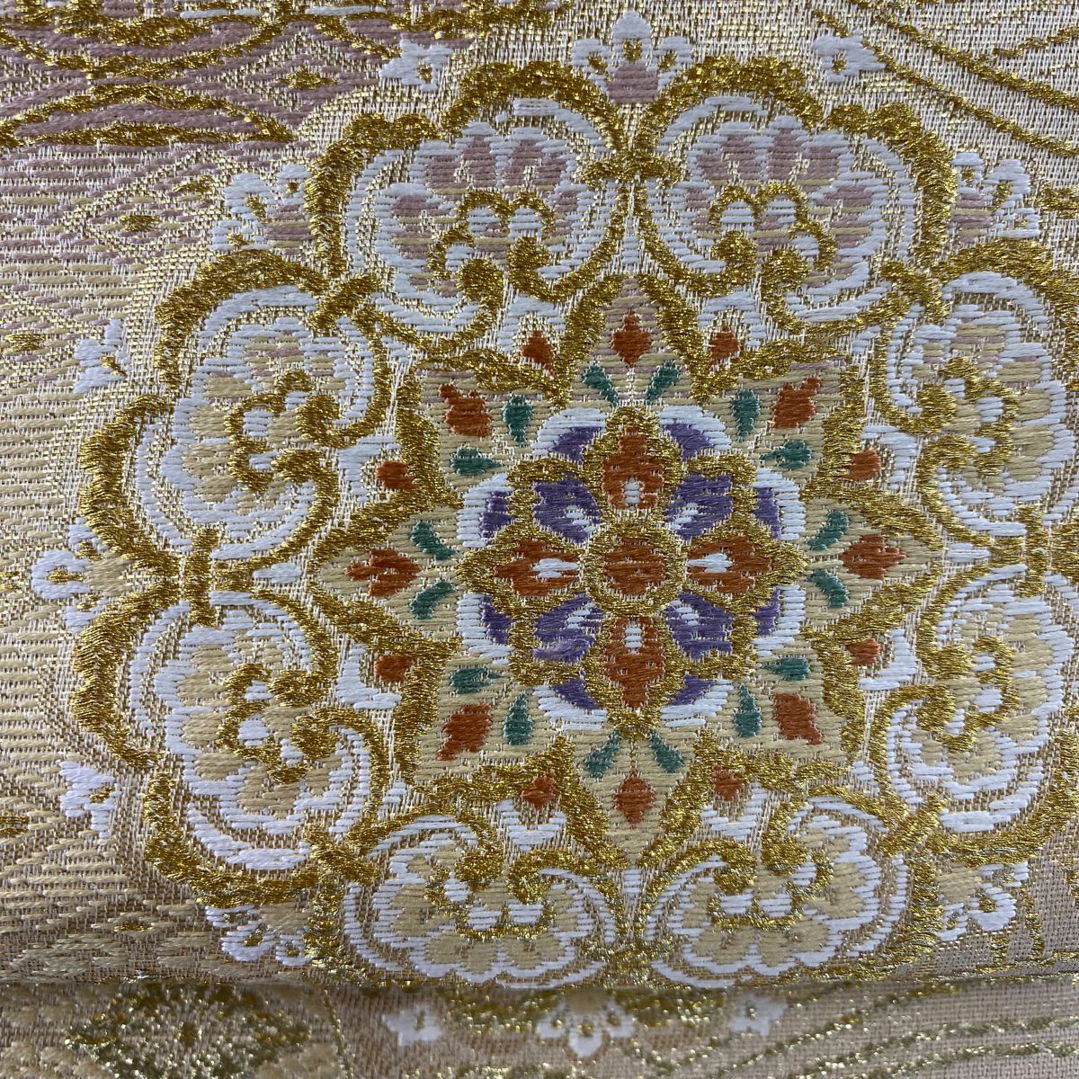 【美品】 袋帶 秀品級 華紋 波 金絲 刺繡 金 六通 純蠶絲