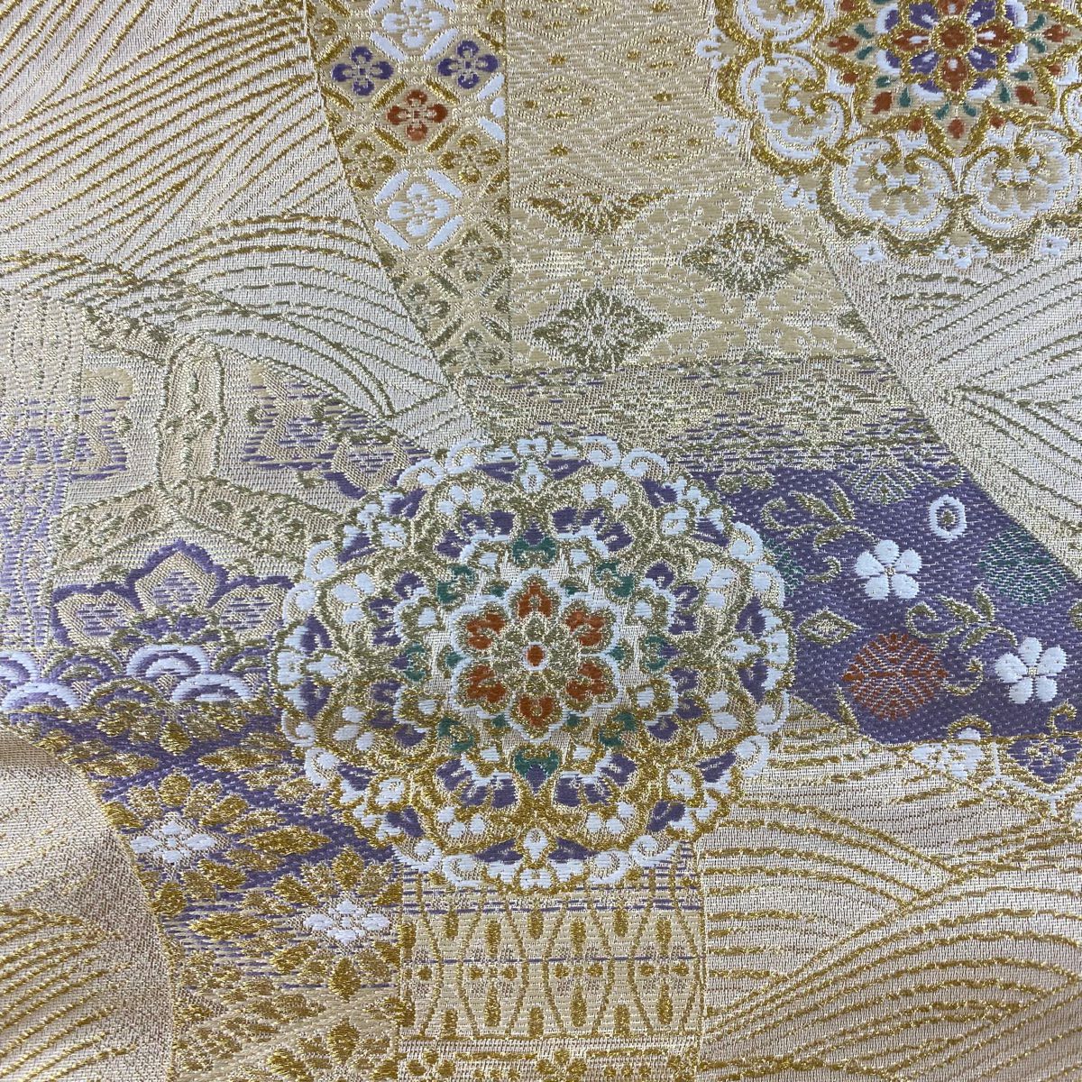 【美品】 袋帶 秀品級 華紋 波 金絲 刺繡 金 六通 純蠶絲