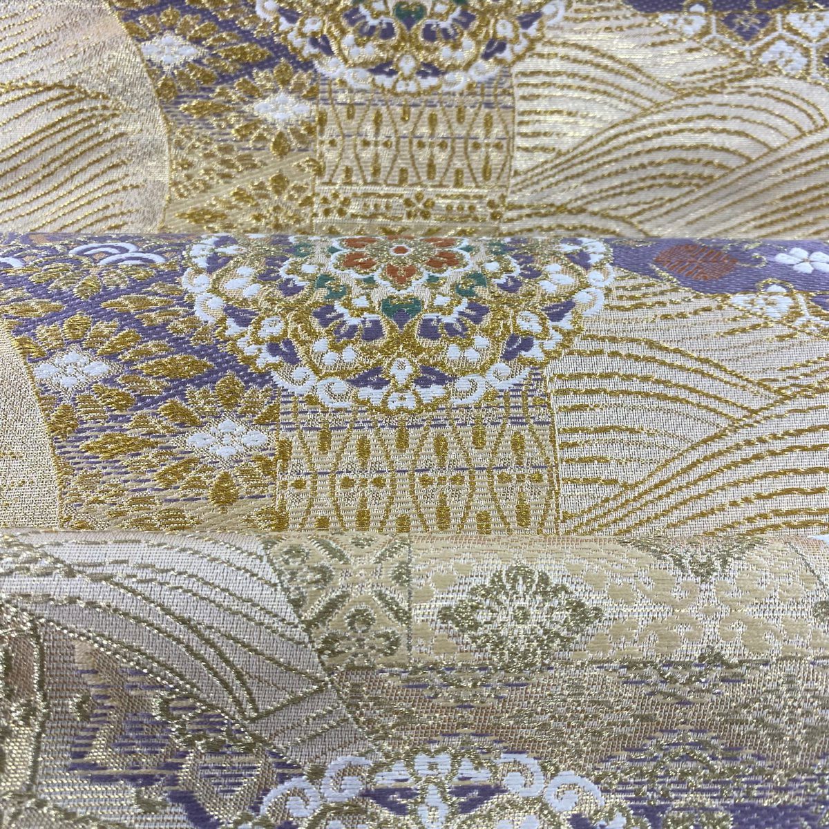 【美品】 袋帶 秀品級 華紋 波 金絲 刺繡 金 六通 純蠶絲