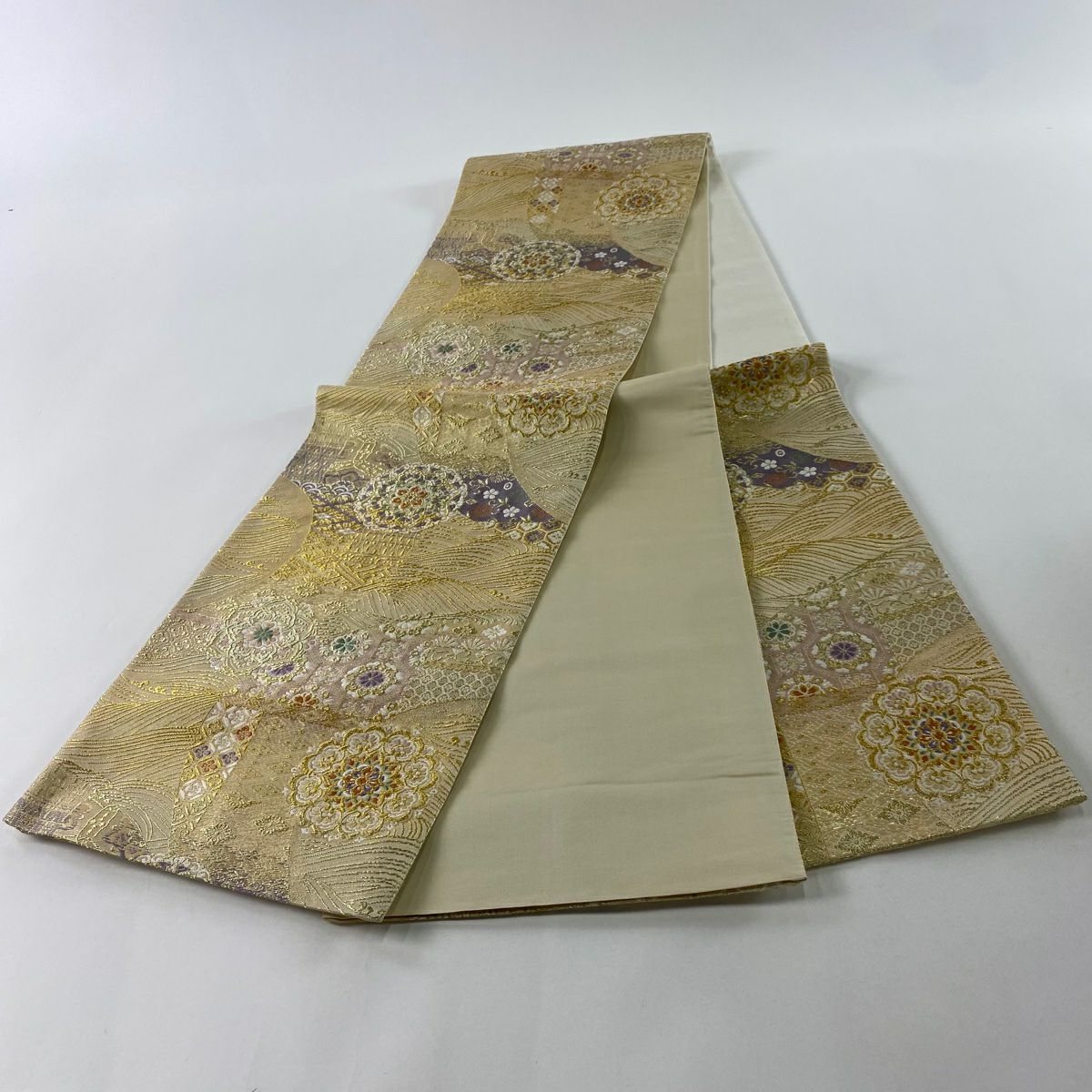 【美品】 袋帶 秀品級 華紋 波 金絲 刺繡 金 六通 純蠶絲