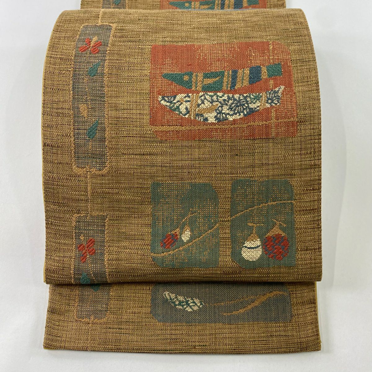 【美品】 袋帶 秀品級 魚 生物 金通 薄茶 深藍 六通 純蠶絲