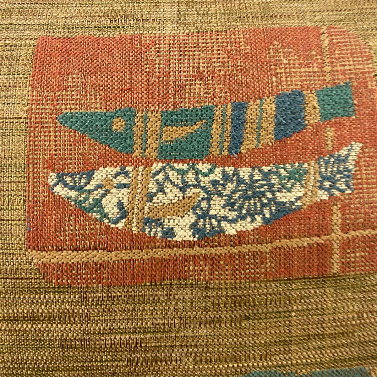 【美品】 袋帶 秀品級 魚 生物 金通 薄茶 深藍 六通 純蠶絲