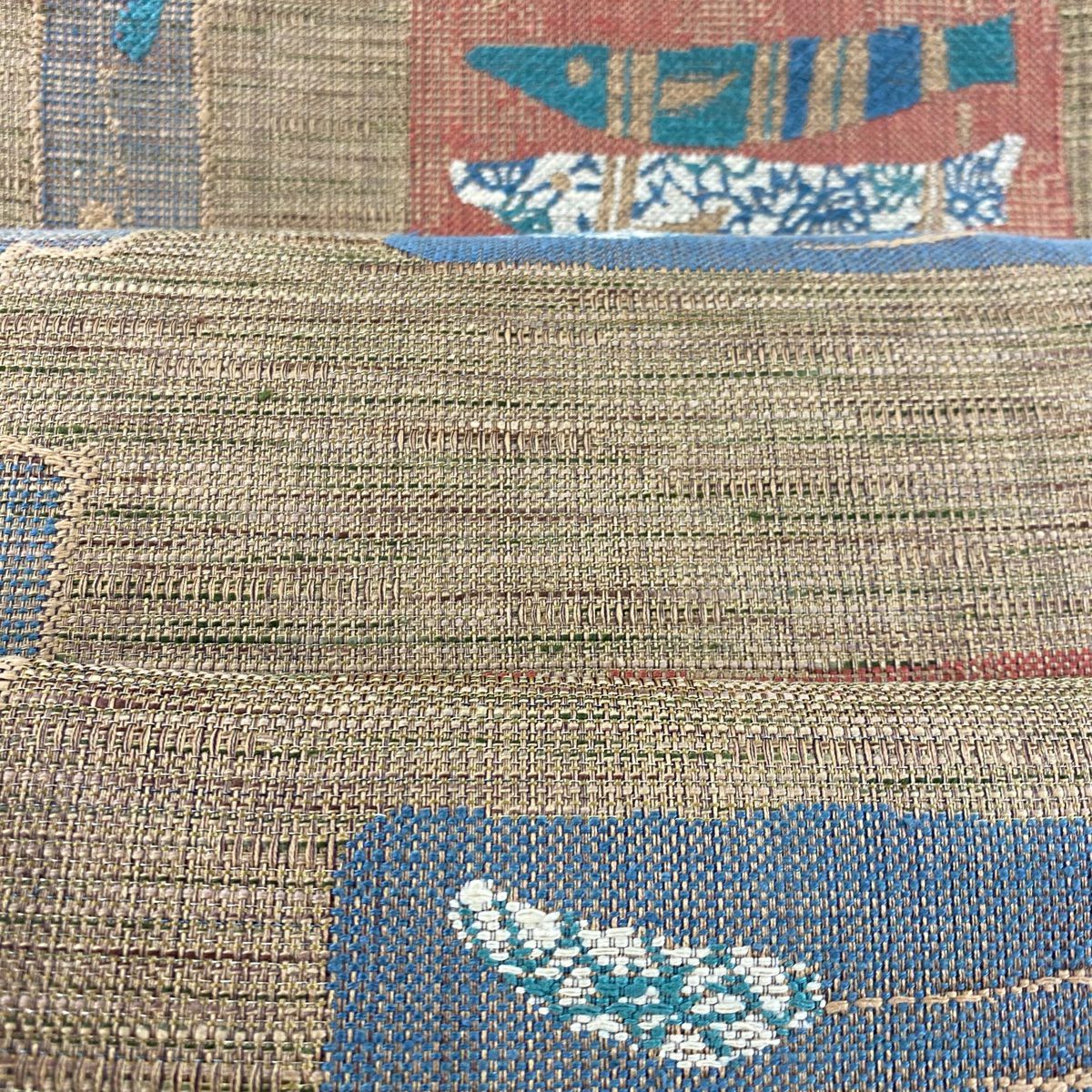 【美品】 袋帶 秀品級 魚 生物 金通 薄茶 深藍 六通 純蠶絲