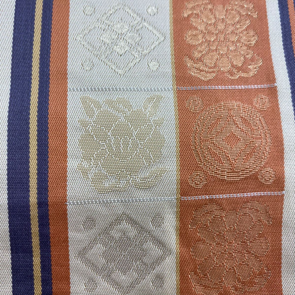 袋帶 秀品級 草花紋紋 格子 金絲 米色 純蠶絲