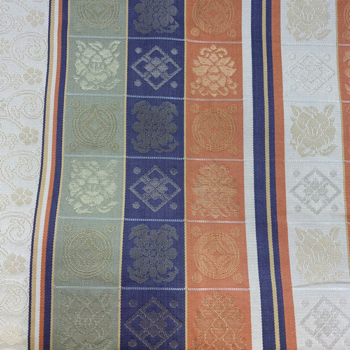 袋帶 秀品級 草花紋紋 格子 金絲 米色 純蠶絲
