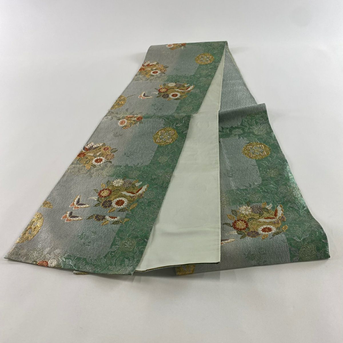 袋帶 秀品級 花丸紋 蝴蝶 金銀彩 金金箔 灰綠 六通 純蠶絲