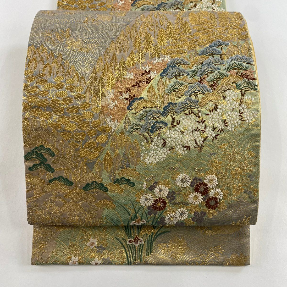 【美品】 袋帶 秀品級 秋草 松樹 金絲 金金箔 灰茶 六通 純蠶絲