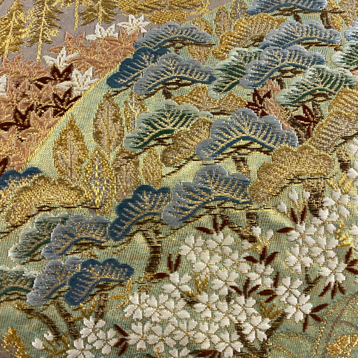 【美品】 袋帶 秀品級 秋草 松樹 金絲 金金箔 灰茶 六通 純蠶絲