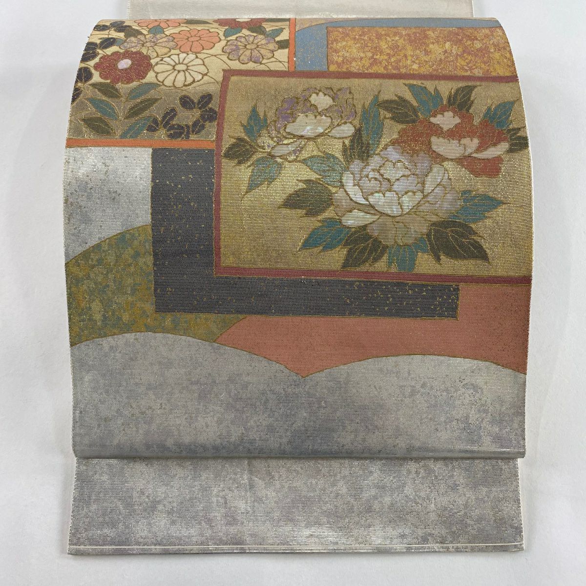 袋帶 秀品級 關西仕立 紅牡丹 草花紋紋 螺鈿金金箔 金色 大鼓圖案 純蠶絲