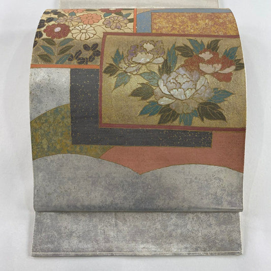 袋帶 秀品級 關西仕立 紅牡丹 草花紋紋 螺鈿金金箔 金色 大鼓圖案 純蠶絲